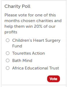 A screenshot of the charity poll - with the four charities taking part and vote in a red button.