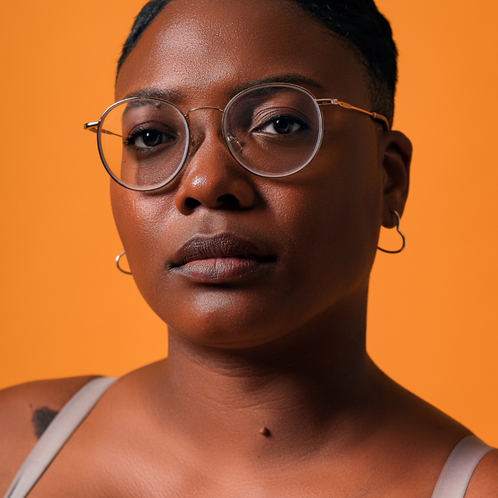 A portrait of a black woman in front of an orange background. She wears glasses and smal hoop earrings and has short hair