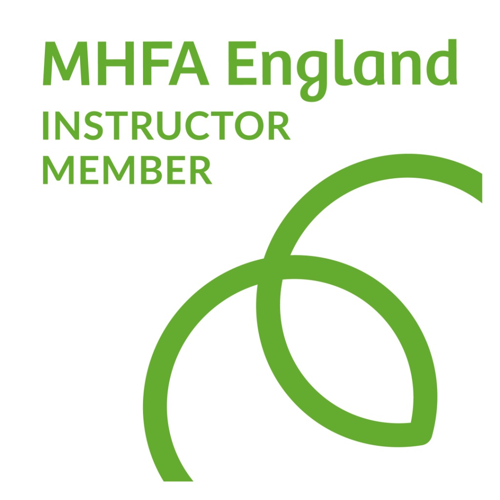 White background with a green squiggle and text that reads 'MHFA England Instructor Member'