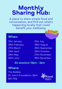 A poster sharing the dates and location of Bath Mind's monthly sharing hub
