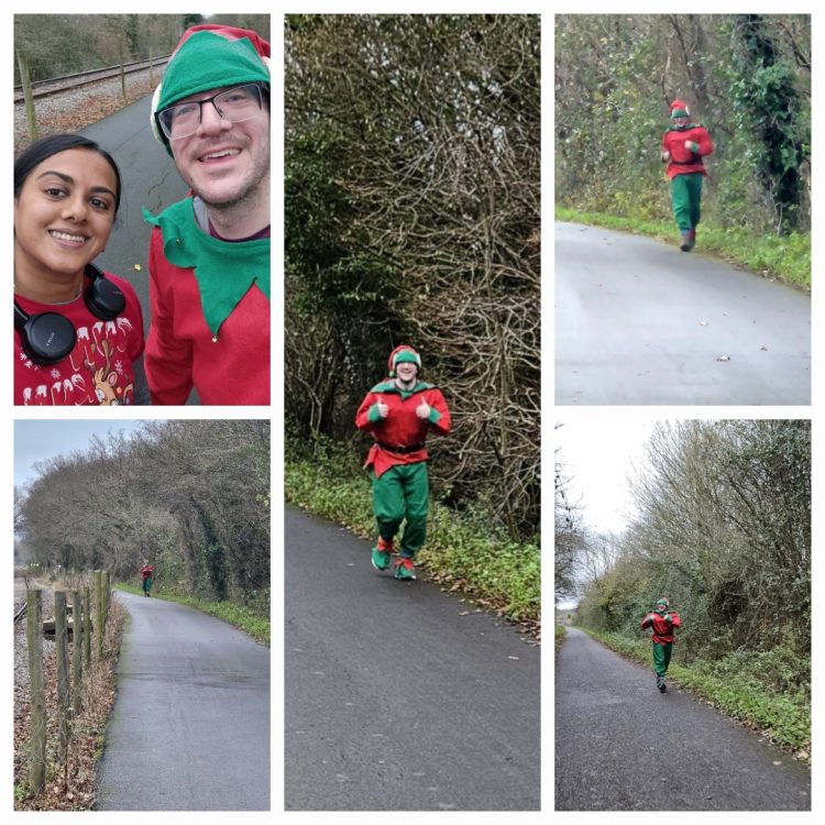 People dressed as elves running