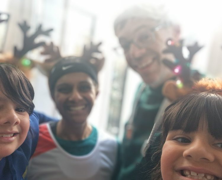 People dressed in festive headgear